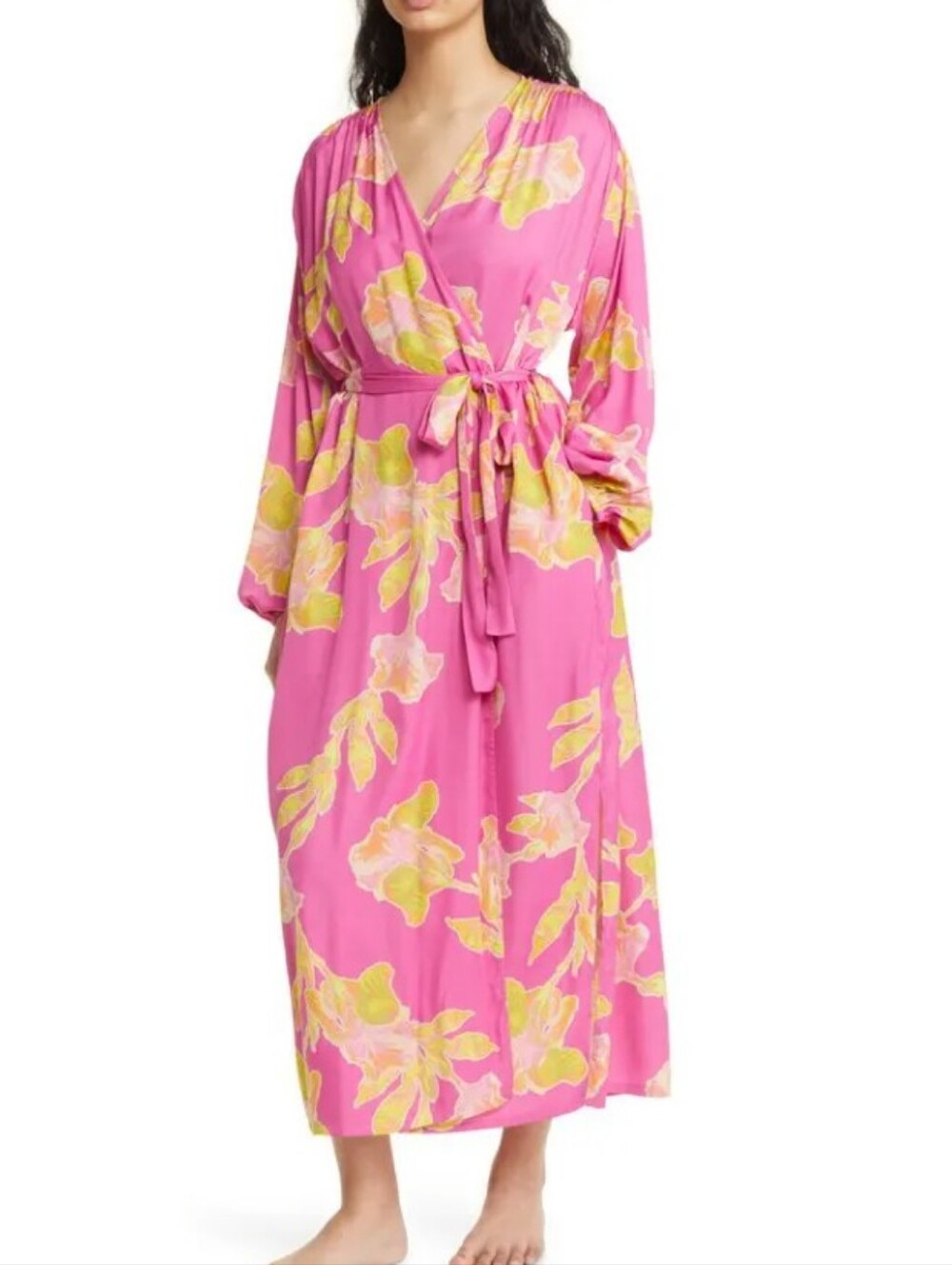 Floral Wrap Robe in Bright Pink with Yellow Accents